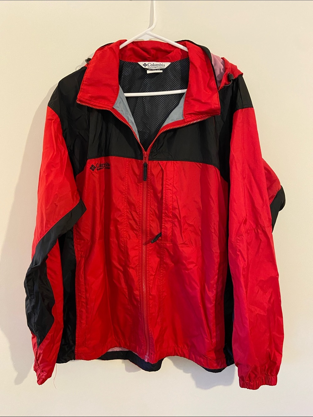 Columbia Red and Black Hooded Windbreaker Jacket